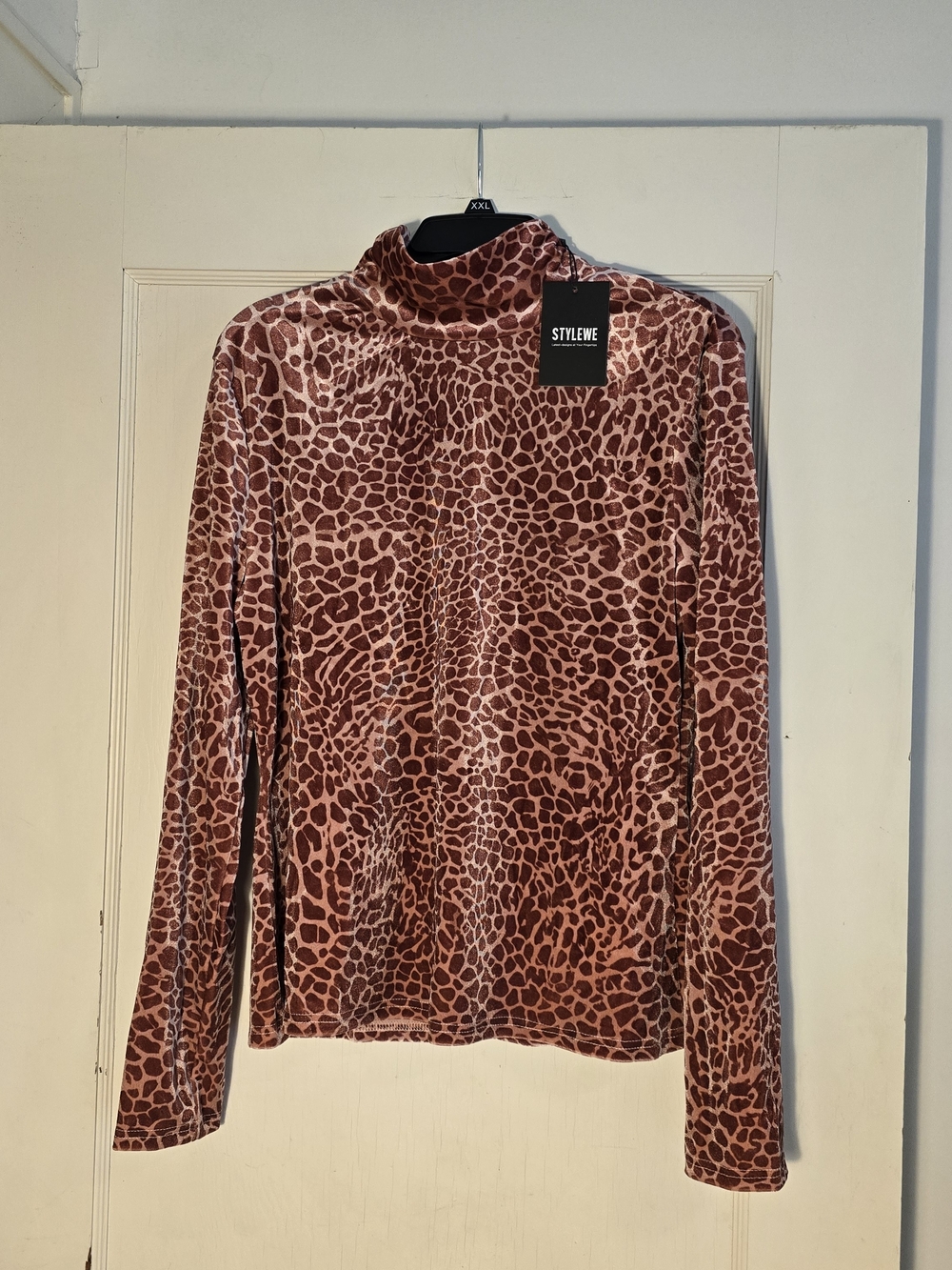 Pink Leopard Velvet Mock Neck Long Sleeve Top  Size XXL